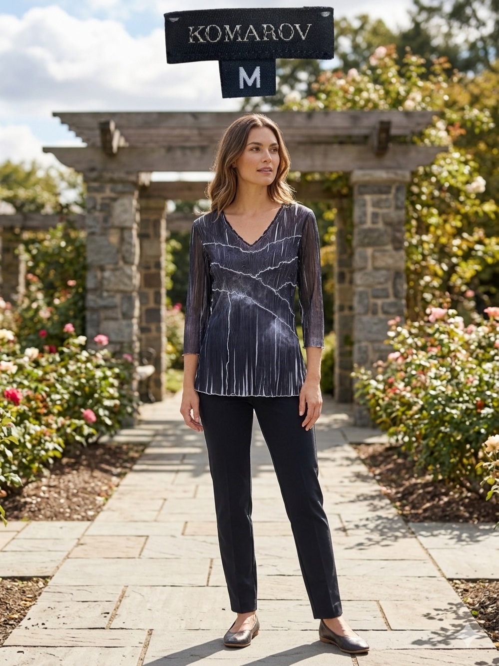 Komarov Black V-Neck Printed Top
